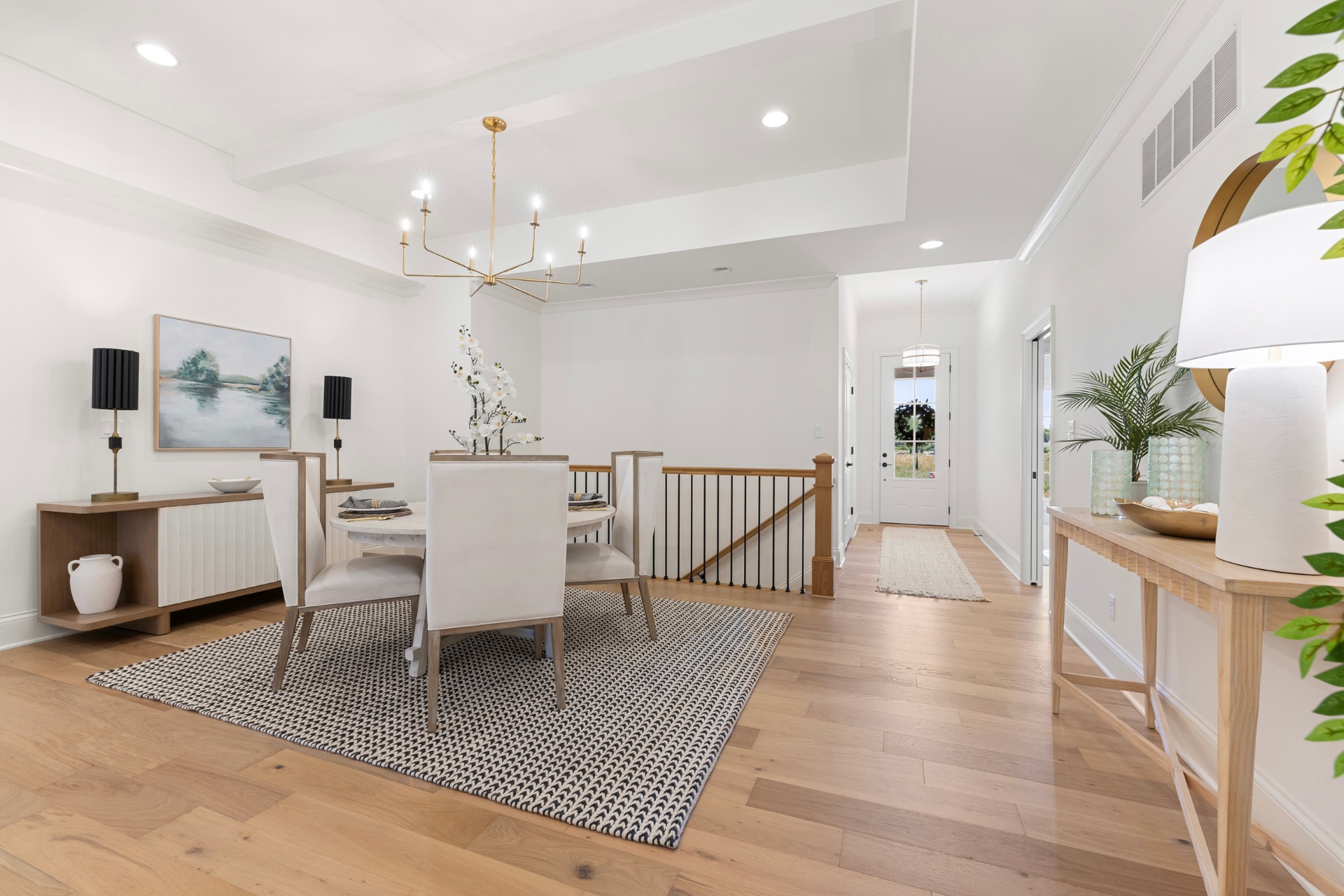 Dining room with brass chandelier